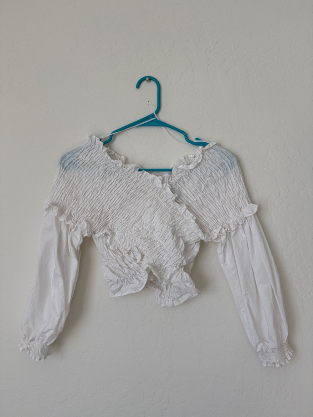 Zara White Smocked Wrap Blouse with Ruffle Trim